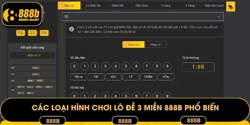 Các loại hình chơi lô đề 3 miền 888B phổ biến